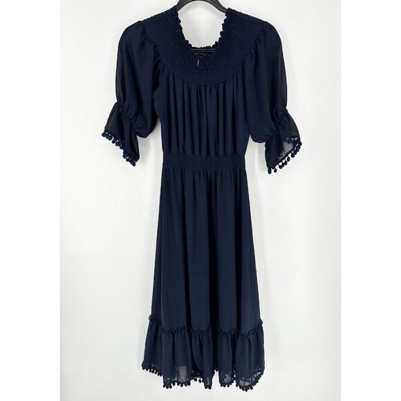 Misa Los Angeles Navy Smocked Cottage Gore Pom Midi Dress Women’s XS Read - Picture 9 of 11